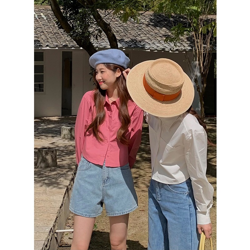 Áo sơ mi tay dài dáng ngắn Forlyoffical sơ mi trơn croptop cổ đức thời trang Hàn Quốc FG046