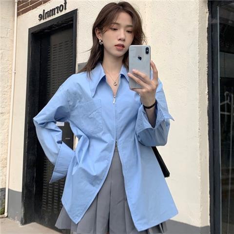 Áo sơ mi nữ Beyo áo sơ mi kéo khoá 2 đầu dáng rộng sơ mi trơn dài tay cổ đức xẻ tà phong cách Hàn Quốc FG004 | BigBuy360 - bigbuy360.vn