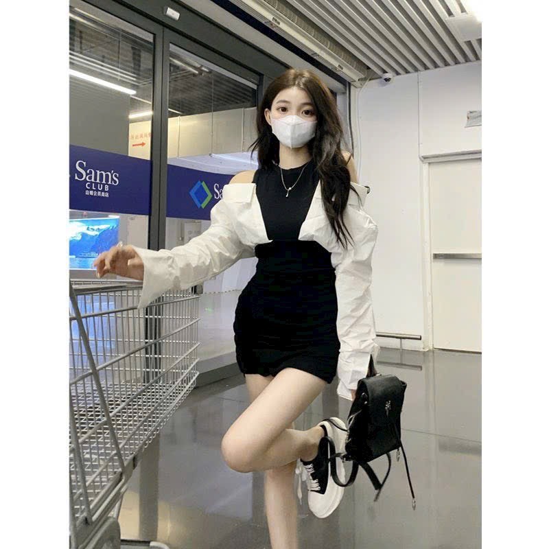 Đầm váy nữ body thun gân khoét vai áo sơ mi dài tay với 2 tone màu trắng - đen basic nhẹ nhàng, tôn dáng siêu xinh