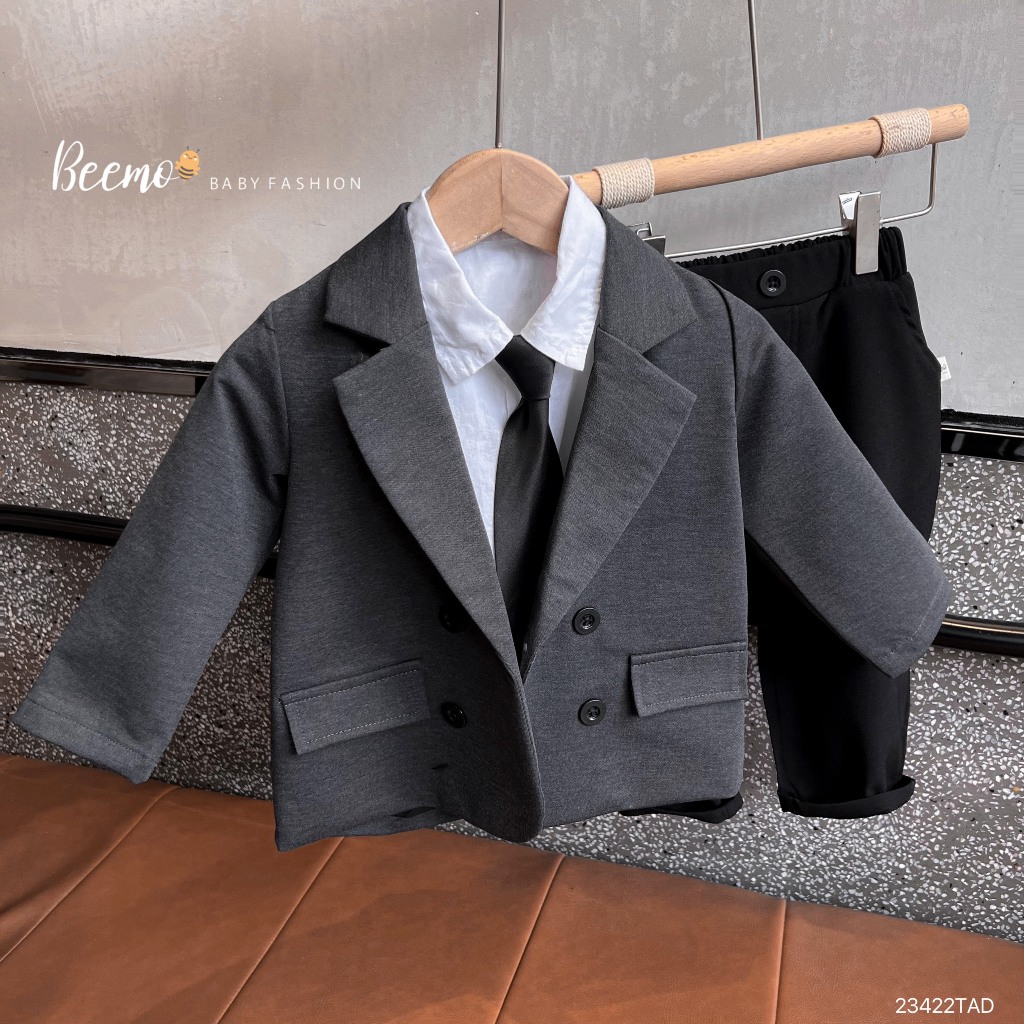 Áo vest dài tay Beemo cho bé trai, 4 khuy, đáp khuỷu tay cá tính, vải kaki đứng form, mặc sự kiện 23422TAD