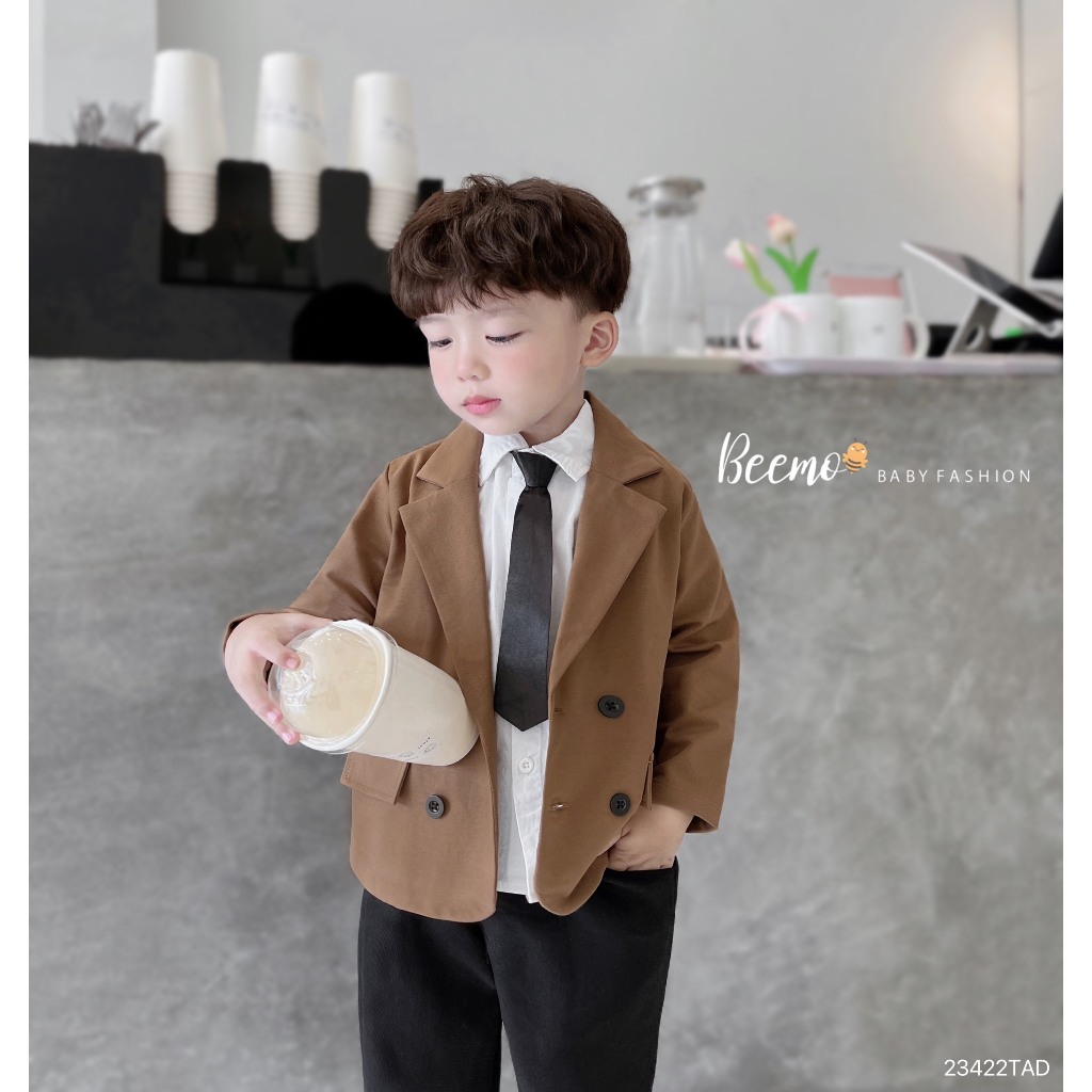 Áo vest dài tay Beemo cho bé trai, 4 khuy, đáp khuỷu tay cá tính, vải kaki đứng form, mặc sự kiện 23422TAD