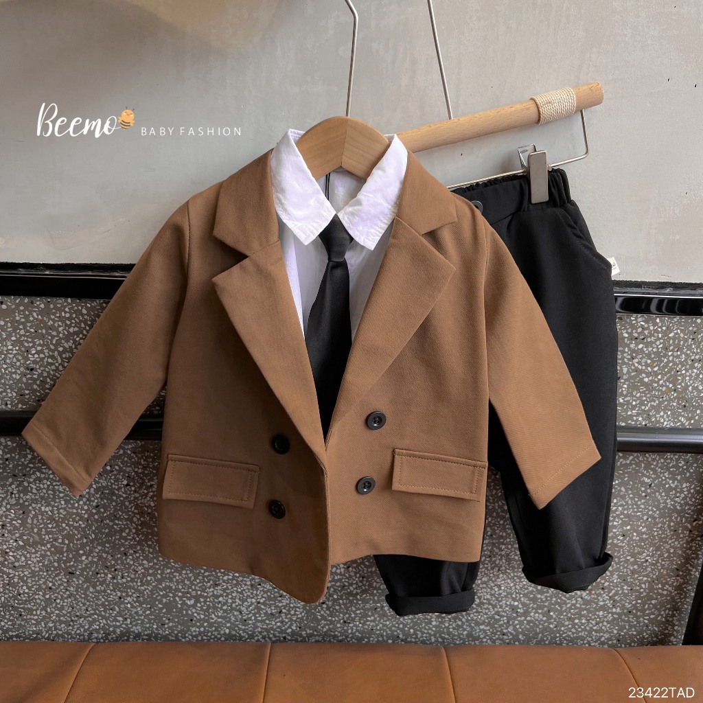 Áo vest dài tay Beemo cho bé trai, 4 khuy, đáp khuỷu tay cá tính, vải kaki đứng form, mặc sự kiện 23422TAD
