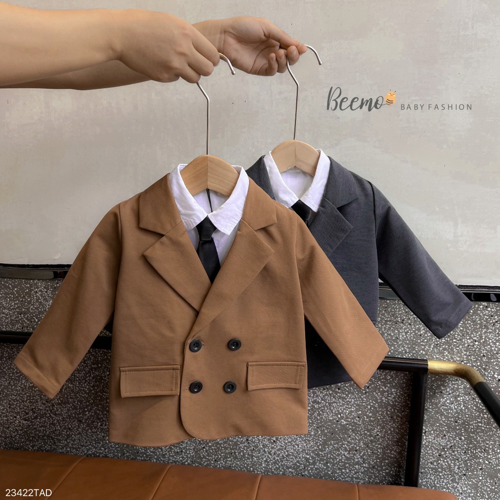 Áo vest dài tay Beemo cho bé trai, 4 khuy, đáp khuỷu tay cá tính, vải kaki đứng form, mặc sự kiện 23422TAD