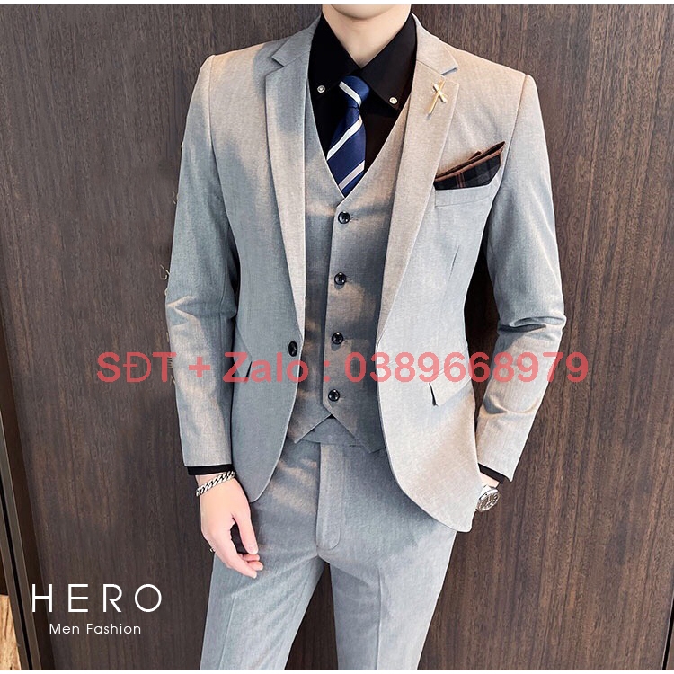 Bộ vest Nam Hàn Quốc màu ghi xám , Bộ suit nam trẻ trung dáng ôm chất vải sịn