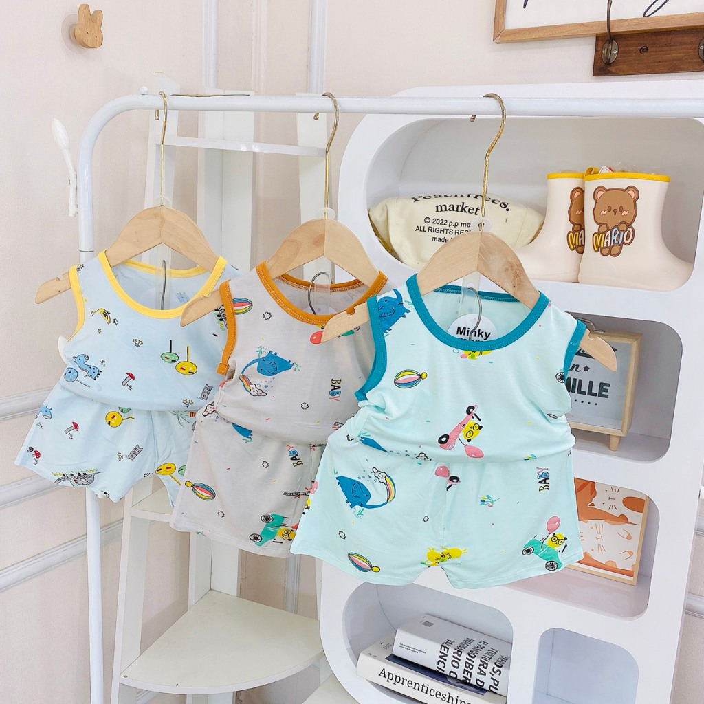 Set 3 bộ thun lạnh ba lỗ siêu mềm mát nhiều hình in dễ thương cho bé