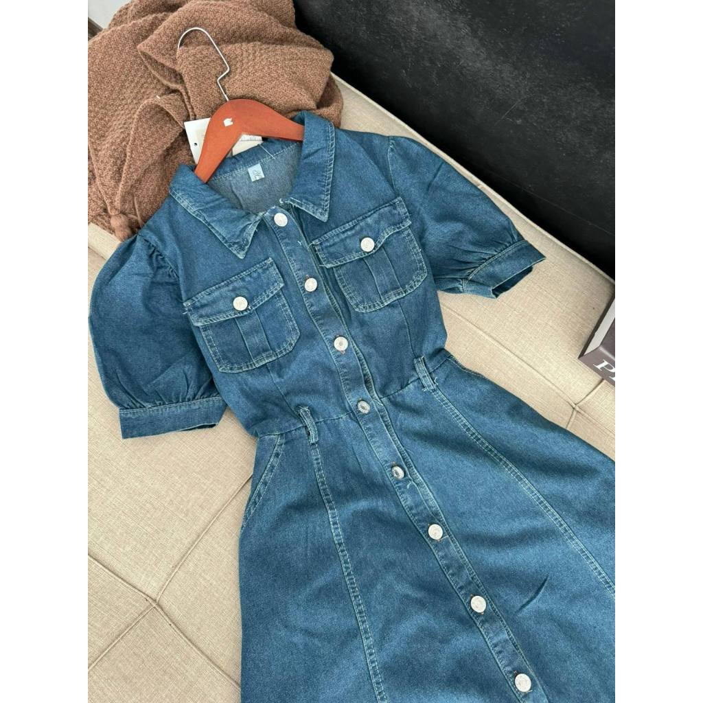 Váy bò dáng dài cổ sơ mi chất jeans mềm - Đầm jeans nữ