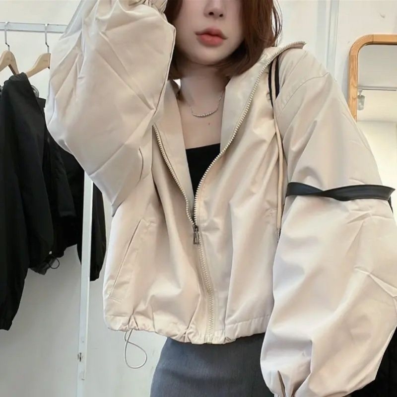 Áo Khoác Nữ Croptop Dáng Ngắn 2 Lớp Kèm Mũ Size S M - Halinh Shop - Áo Khoác Gió Nữ Dài Tay Mũ Trơn Dây Rút