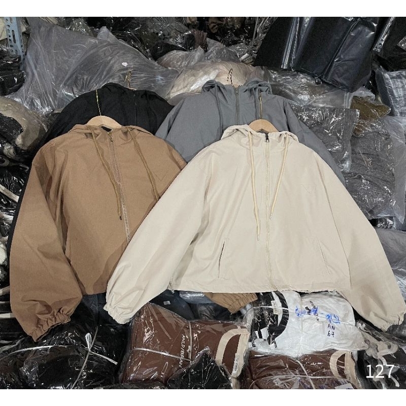 Áo Khoác Nữ Croptop Dáng Ngắn 2 Lớp Kèm Mũ Size S M - Halinh Shop - Áo Khoác Gió Nữ Dài Tay Mũ Trơn Dây Rút