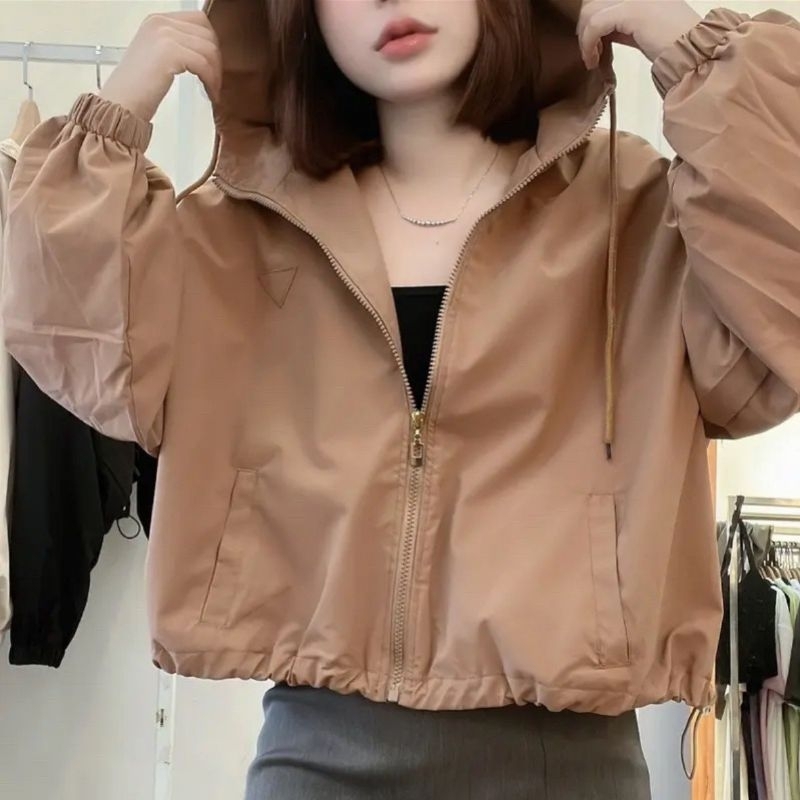 Áo Khoác Nữ Croptop Dáng Ngắn 2 Lớp Kèm Mũ Size S M - Halinh Shop - Áo Khoác Gió Nữ Dài Tay Mũ Trơn Dây Rút