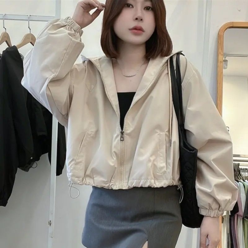 Áo Khoác Nữ Croptop Dáng Ngắn 2 Lớp Kèm Mũ Size S M - Halinh Shop - Áo Khoác Gió Nữ Dài Tay Mũ Trơn Dây Rút