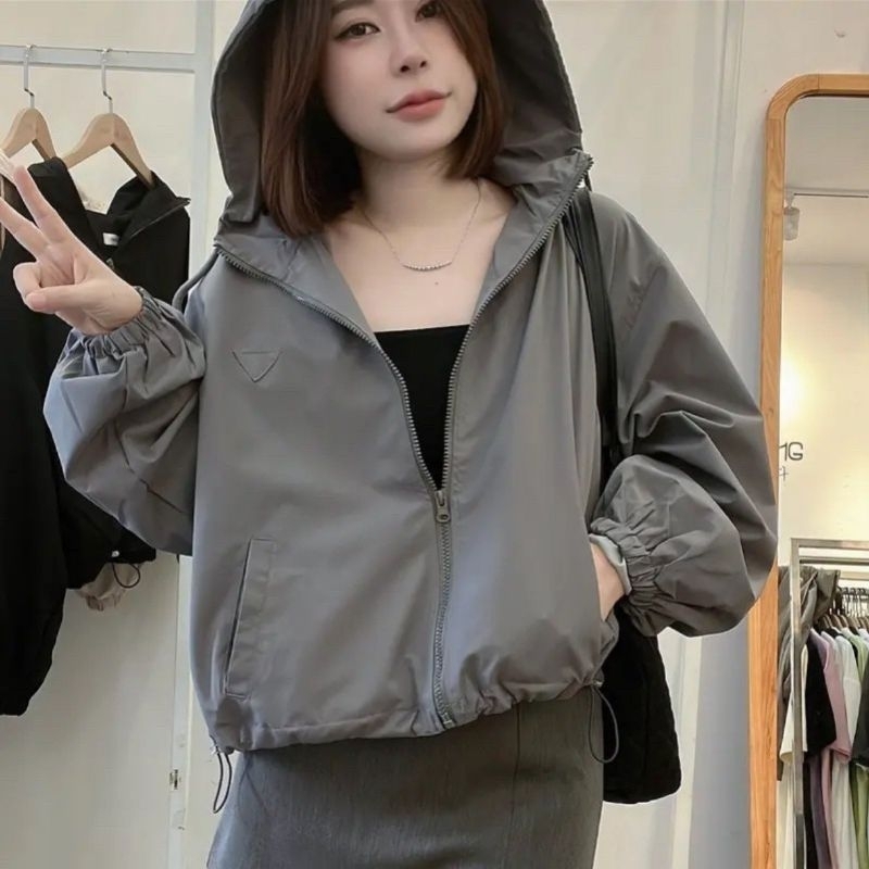 Áo Khoác Nữ Croptop Dáng Ngắn 2 Lớp Kèm Mũ Size S M - Halinh Shop - Áo Khoác Gió Nữ Dài Tay Mũ Trơn Dây Rút