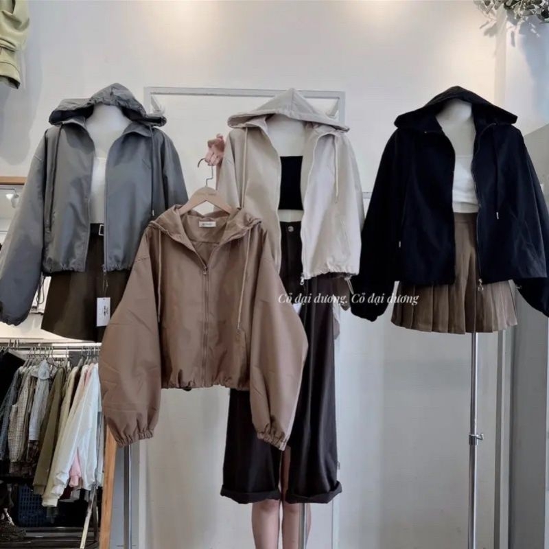 Áo Khoác Nữ Croptop Dáng Ngắn 2 Lớp Kèm Mũ Size S M - Halinh Shop - Áo Khoác Gió Nữ Dài Tay Mũ Trơn Dây Rút
