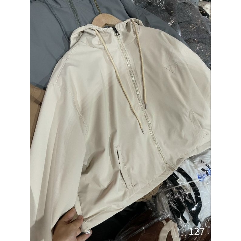Áo Khoác Nữ Croptop Dáng Ngắn 2 Lớp Kèm Mũ Size S M - Halinh Shop - Áo Khoác Gió Nữ Dài Tay Mũ Trơn Dây Rút