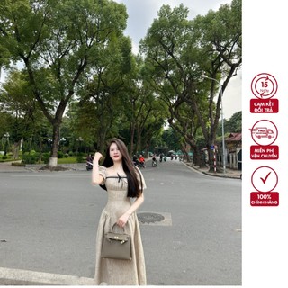 Váy xếp ly ngực phối nơ thanh lịch. đầm nữ dáng xuông cao cấp
