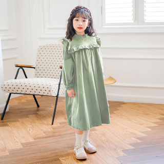 Váy thu đông cho bé C11 thiết kế dài tay phối bèo chất liệu nhung tăm size đại 14-45kg