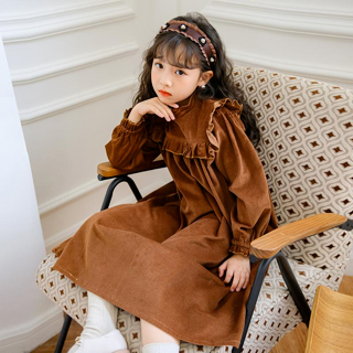 Váy thu đông cho bé C11 thiết kế dài tay phối bèo chất liệu nhung tăm size đại 14-45kg