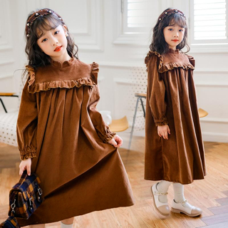 Váy thu đông cho bé C11 thiết kế dài tay phối bèo chất liệu nhung tăm size đại 14-45kg