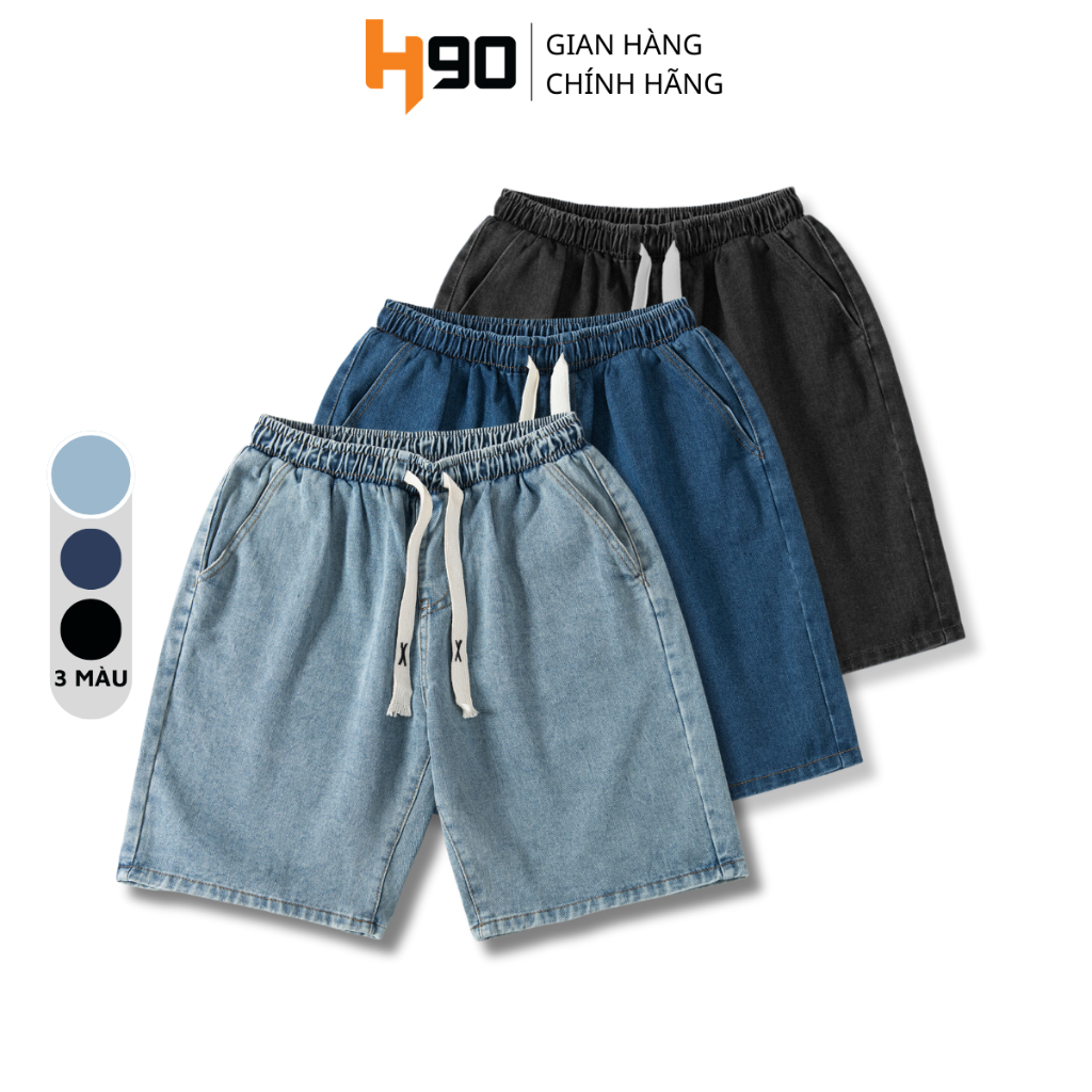 Quần Short Jean Nam H90 Cạp Chun Vải Bò Mềm Ống Suông Rộng Lưng Thun Dây Rút Trẻ Trung Năng Động HSTJ007