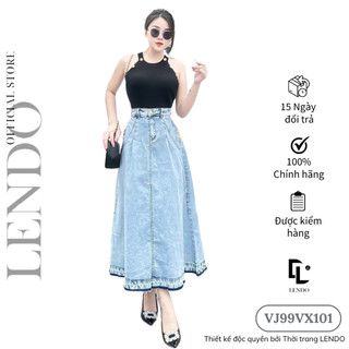 Chân Váy Jean Công Sở LENDO Midi Dáng Xòe Rộng Dài Kèm Đai VJ99VX101