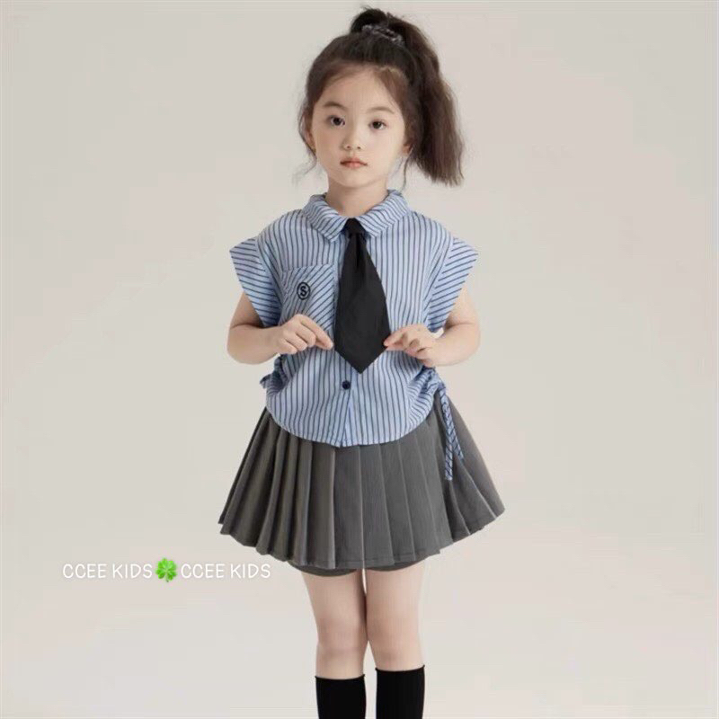 Set đồ học sinh phong cách Hàn Quốc cho bé gái 10-45kg , set chân váy dập ly áo sơ mi kèm cà vạt siêu đẹp cho bé gái