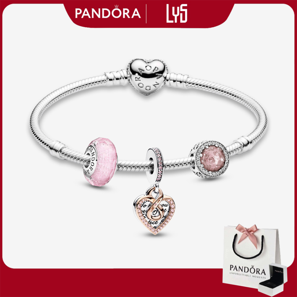 Vòng Tay Pandora Mix Charm Fullbox Bạc S925-Vòng tay kèm charm chủ đề tình yêu màu hồng dành tặng bạn bè người thân