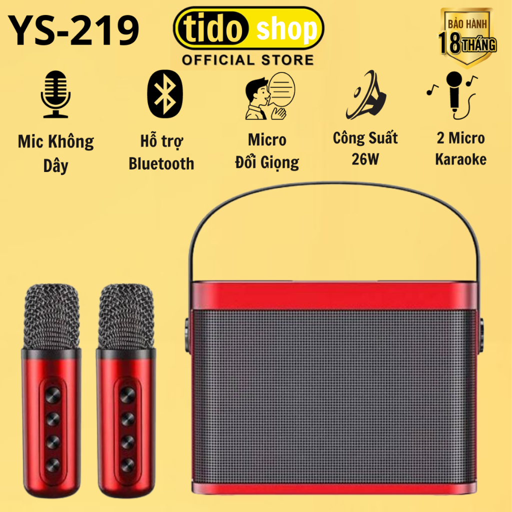 Loa karaoke bluetooth 2 micro không dây YS-219 bass mạnh âm thanh hay thiết kế hiện đại,Tặng kèm 2 mic, BH 12 tháng