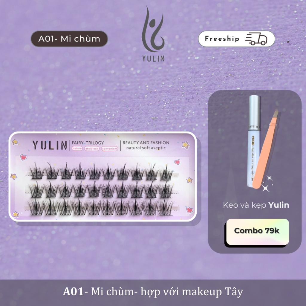 Mi giả tự nhiên siêu mềm YULIN mã A01, mi giả tách sợi tặng kèm keo và kẹp chuyên dụng