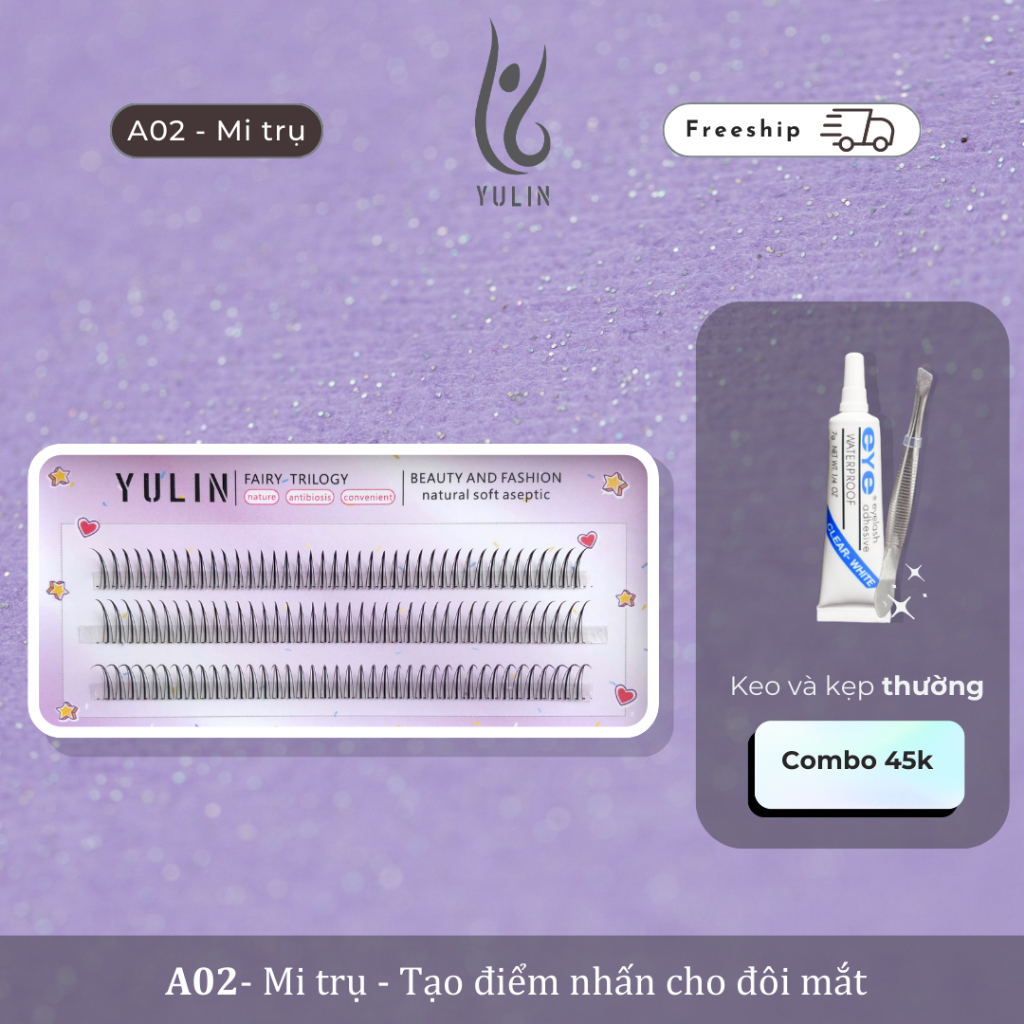 Mi giả tự nhiên siêu mềm YULIN mã A02, mi giả tách sợi tặng kèm keo và kẹp chuyên dụng
