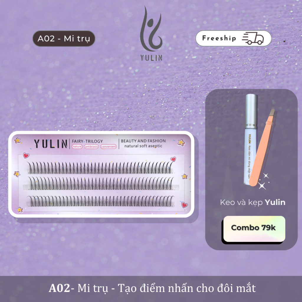 Mi giả tự nhiên siêu mềm YULIN mã A02, mi giả tách sợi tặng kèm keo và kẹp chuyên dụng