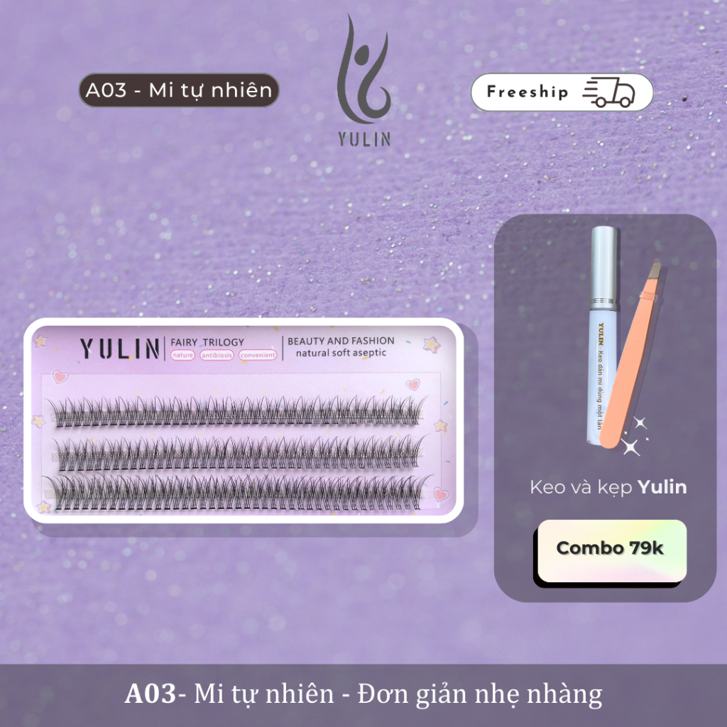 Mi giả tự nhiên siêu mềm YULIN mã A03, mi giả tách sợi tặng kèm keo và kẹp chuyên dụng