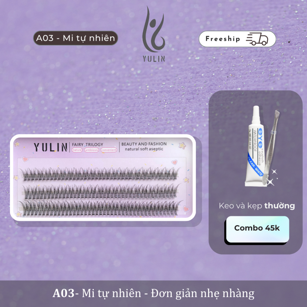 Mi giả tự nhiên siêu mềm YULIN mã A03, mi giả tách sợi tặng kèm keo và kẹp chuyên dụng