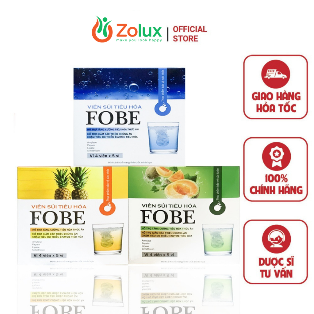 Viên sủi hỗ trợ tiêu hóa, giảm nhanh đầy hơi, khó tiêu FOBE ( 3 Vị ) - hộp 20 viên