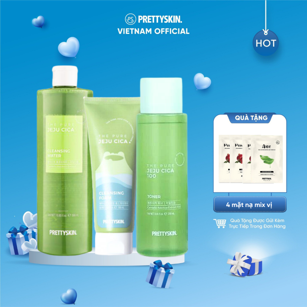 Combo nước tẩy trang + sữa rửa mặt + nước hoa hồng rau má Prettyskin