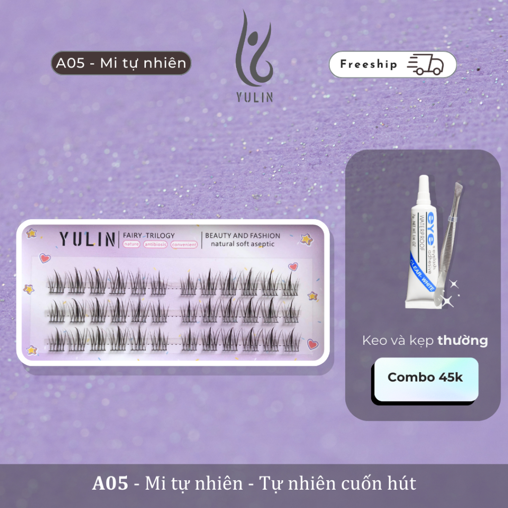 Mi giả tự nhiên siêu mềm YULIN mã A05, mi giả tách sợi tặng kèm keo và kẹp chuyên dụng