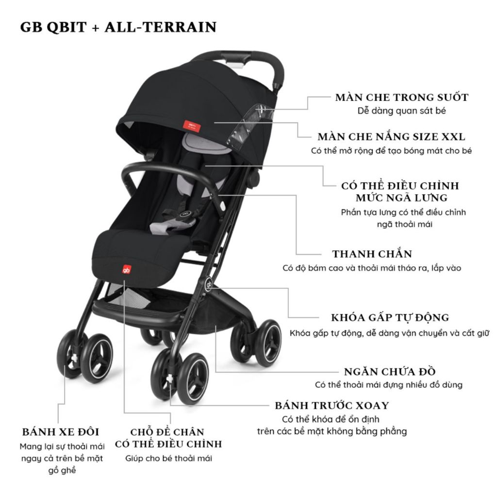Xe đẩy gấp gọn GB Qbit + All-Terrain cho bé 0m+, xe đẩy trẻ em cao cấp có mái che siêu nhẹ