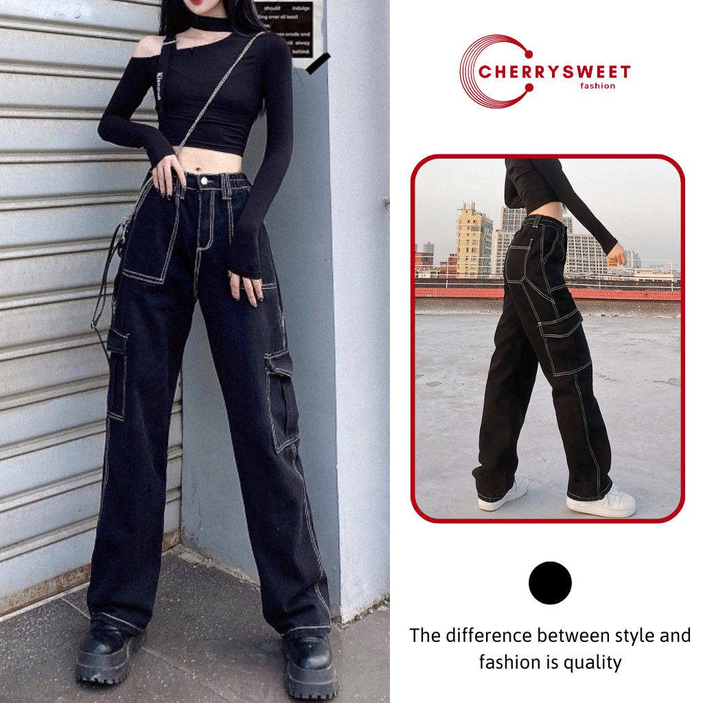 Quần cargo pants kaki nữ túi hộp lưng cao phá cách CHERRYSWEET dáng suông ống rộng phong cách hiphop đường phố T105