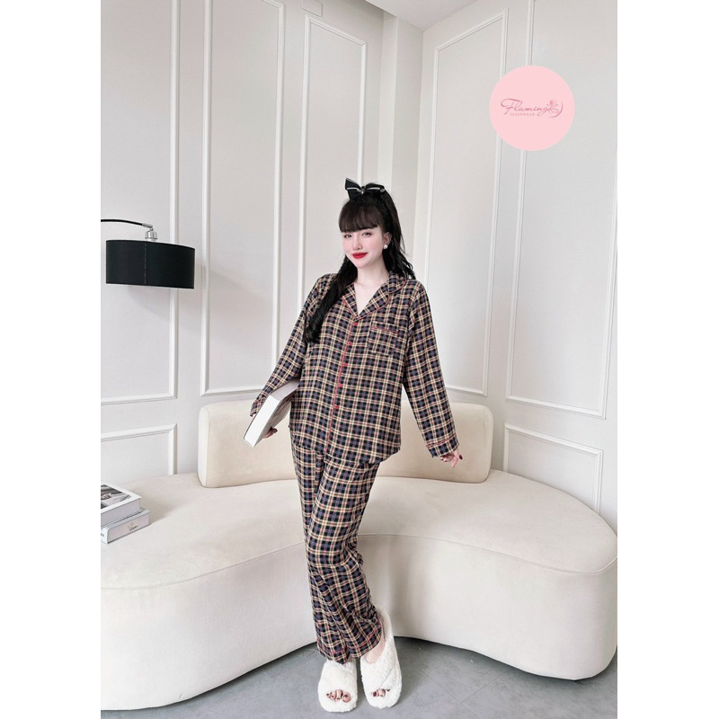 Bộ tay dài quần dài lụa mango Flamingo full size