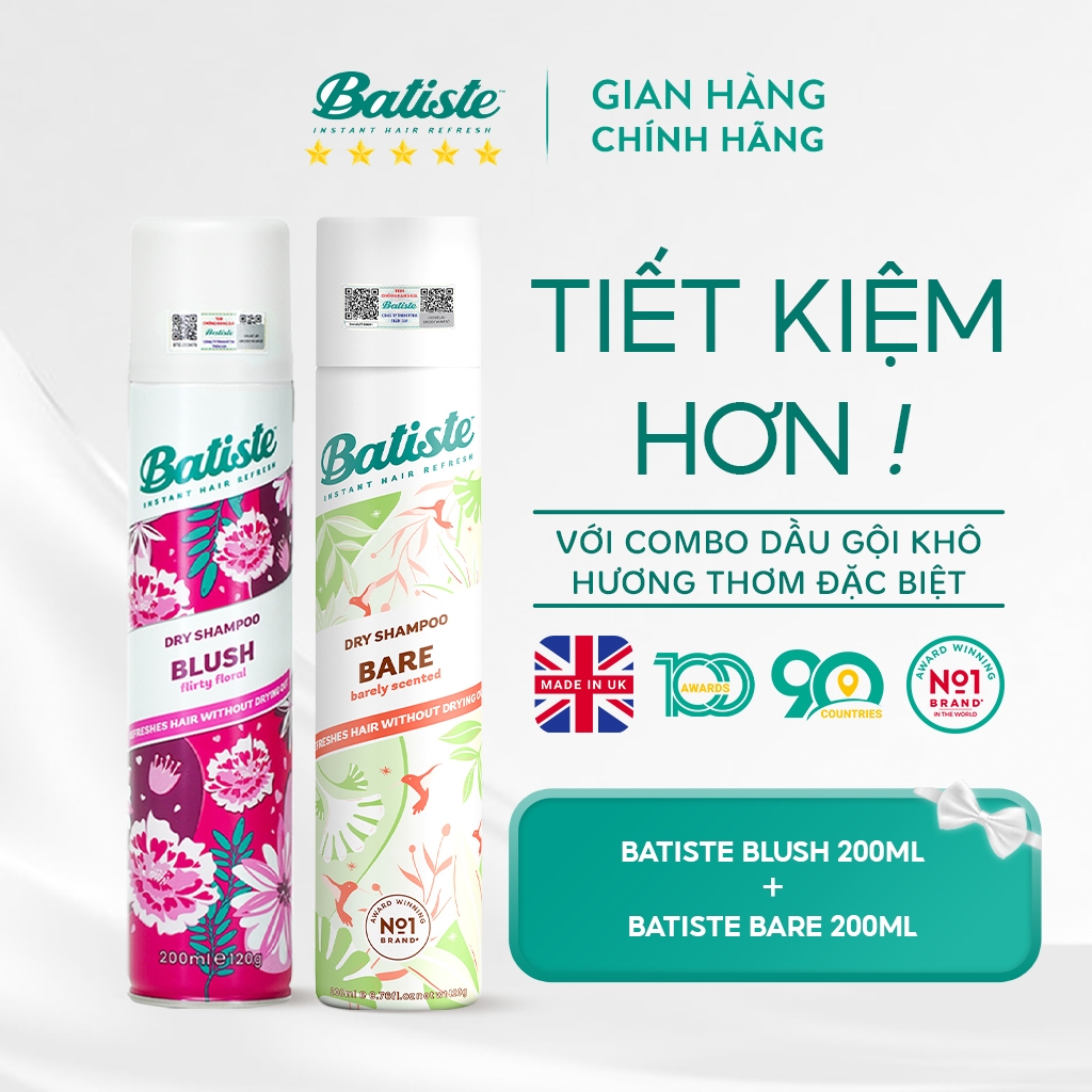 Combo 2 Chai Dầu Gội Khô Batiste Số 1 UK Dầu gội khô Cho Tóc Hết Bết, Bồng Bềnh Hương Thơm Mát Dịu (bare + blush 200ml)