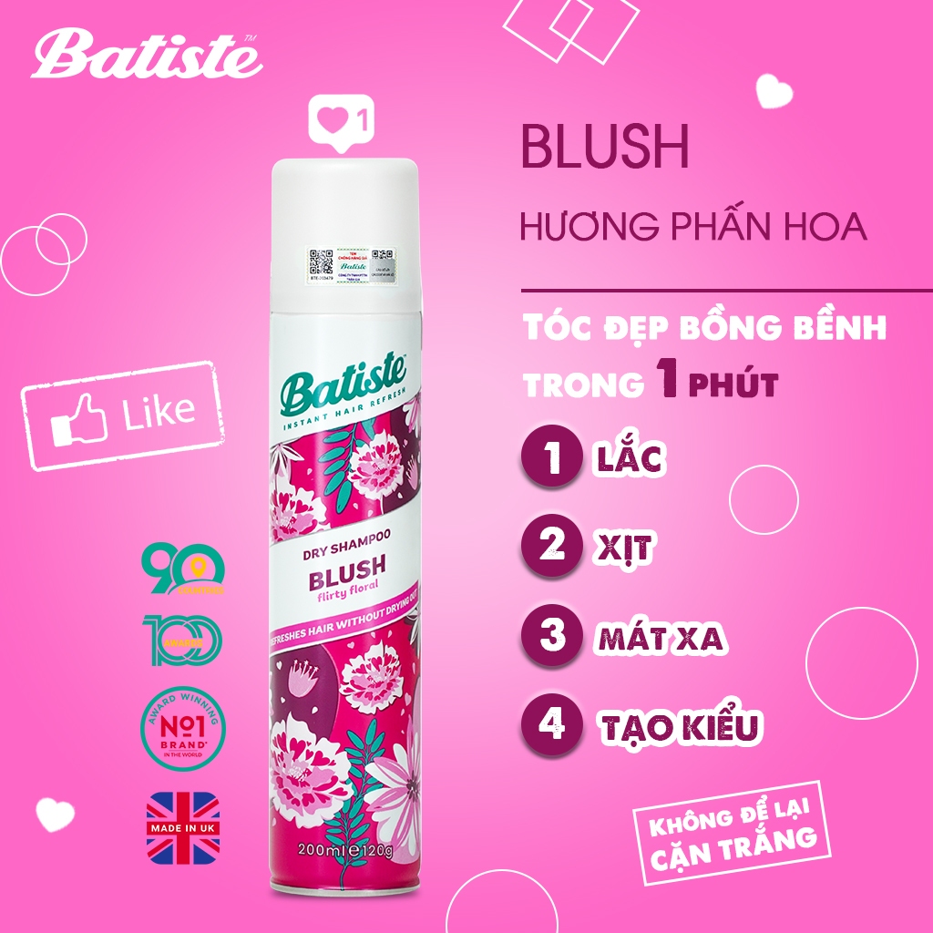 Combo 2 Chai Dầu Gội Khô Batiste Số 1 UK Dầu gội khô Cho Tóc Hết Bết, Bồng Bềnh Hương Thơm Mát Dịu