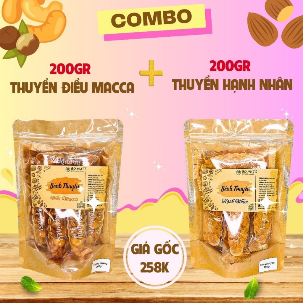 Combo C1: 1 túi Thuyền Điều Macca 200g + 1 túi Thuyền Hạnh Nhân 200g GO NUTS Bánh ăn kiêng hỗ trợ giảm cân không đường