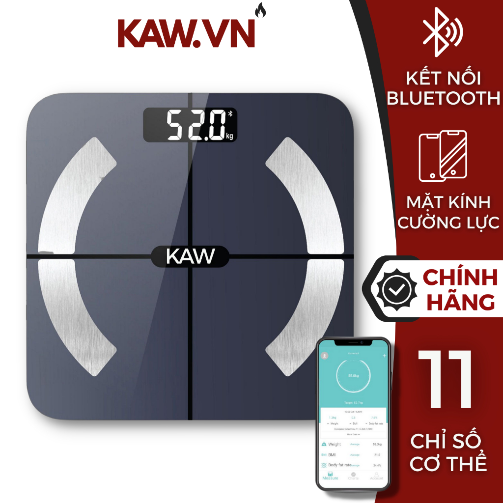 Cân Điện Tử Sức Khỏe Thông Minh Kết Nối Bluetooth KAW, Màn Hình Led Kính Cường Lực Bền Bỉ, Theo Dõi Sức Khỏe Cả Gia Đình