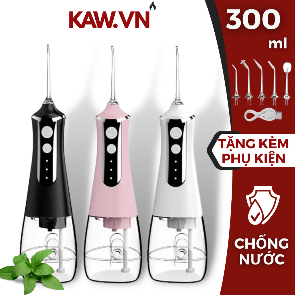 Máy Tăm Nước Cầm Tay KAW 300ml, 3 Chế Độ - 5 Đầu Tăm, Chống Nước Cao Cấp Phù Hợp Mọi Gia Đình, Dụng Cụ Vệ Sinh Răng Mệng