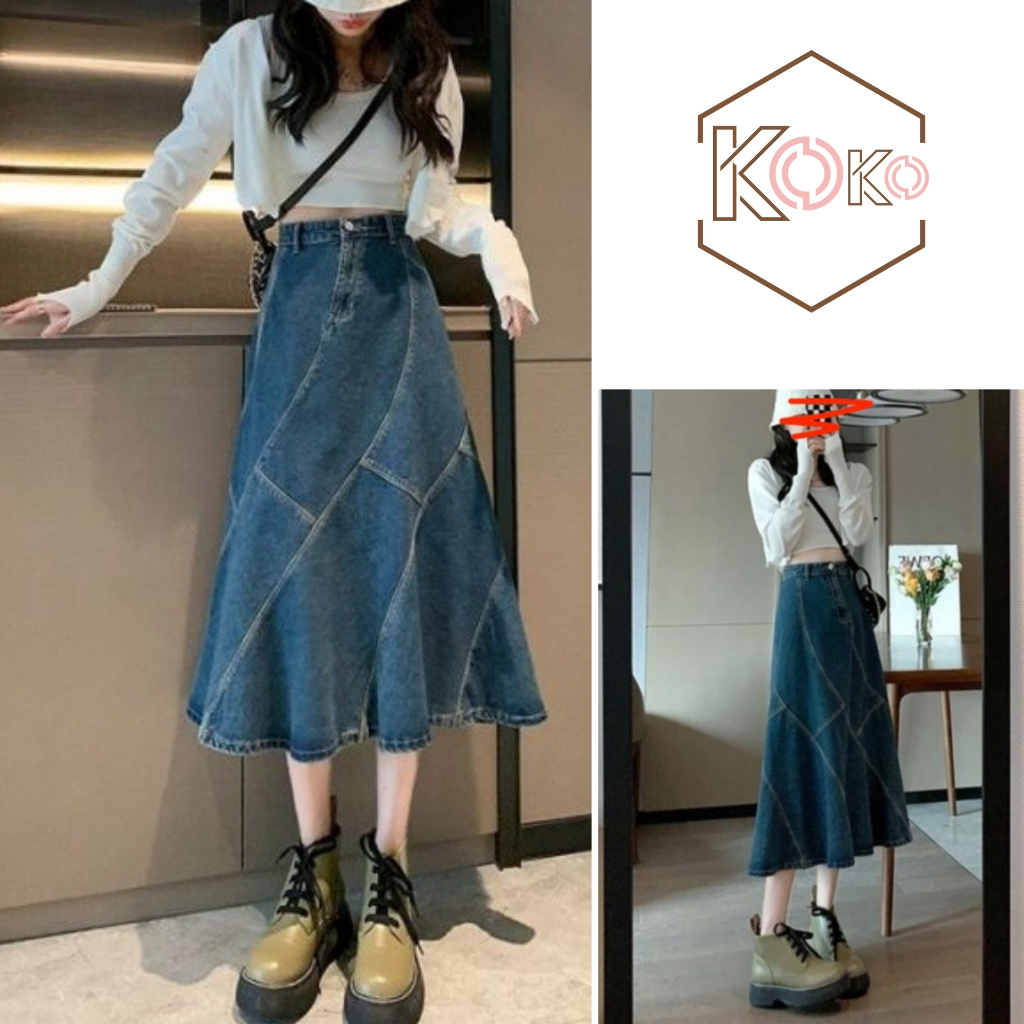 Chân váy jeans nữ chữ A xanh, chân váy bò xoè Hàn Quốc đường gân nổi cá tính hot trend KoKo