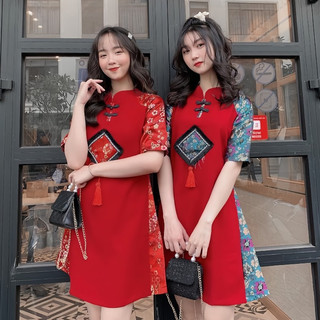Váy Gấm Cổ Tàu Phối Hoạ Tiết Thêu Trước Và Hai Tay Dáng Xoè Mặc Tết 2023 Siêu Xinh - NV05