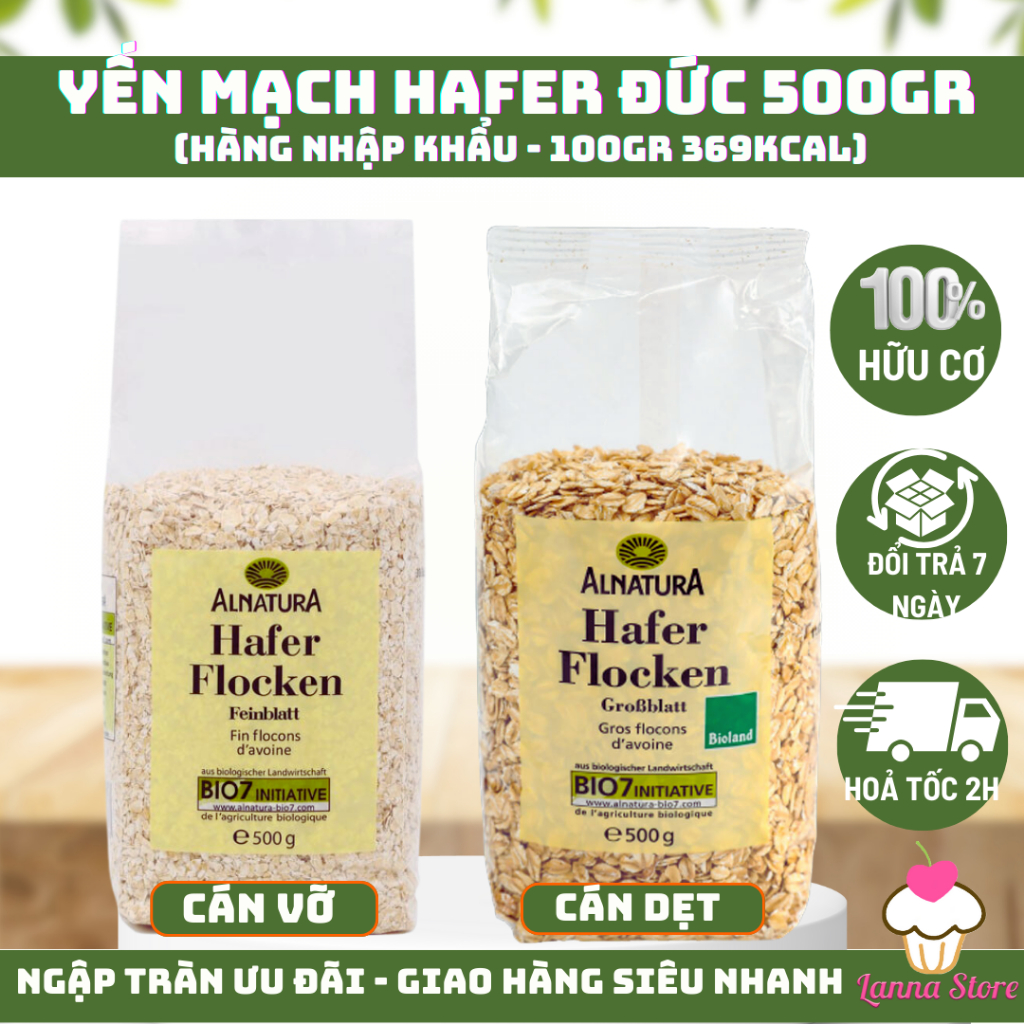 Yến mạch hữu cơ Hafer Flocken Bio Alnatura ngũ cốc Ăn Kiêng, Giảm Cân, Eat Clean Đức - Túi 500g