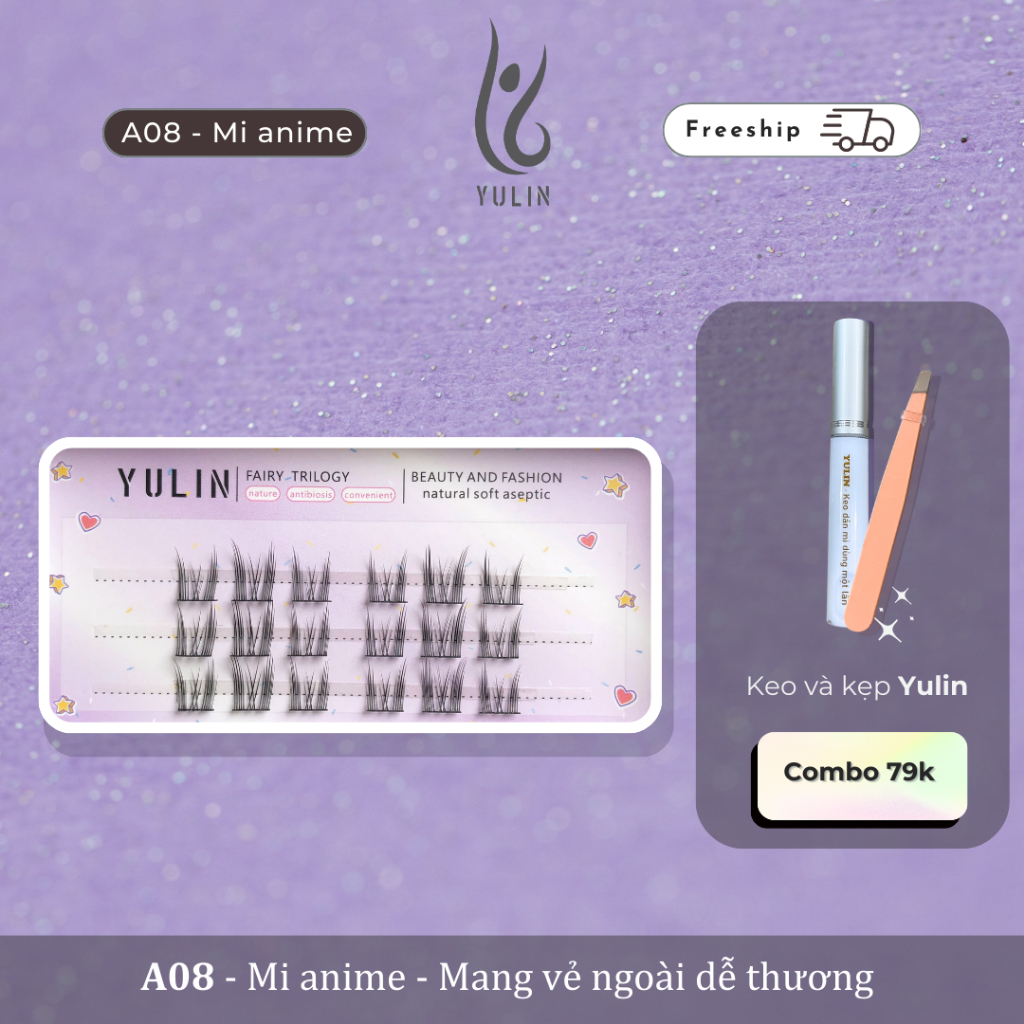 Mi giả tự nhiên siêu mềm YULIN mã A08, mi giả tách sợi tặng kèm keo và kẹp chuyên dụng