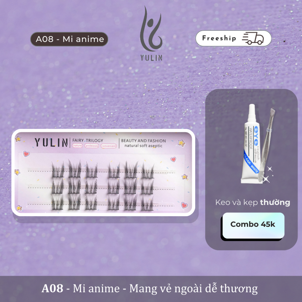 Mi giả tự nhiên siêu mềm YULIN mã A08, mi giả tách sợi tặng kèm keo và kẹp chuyên dụng