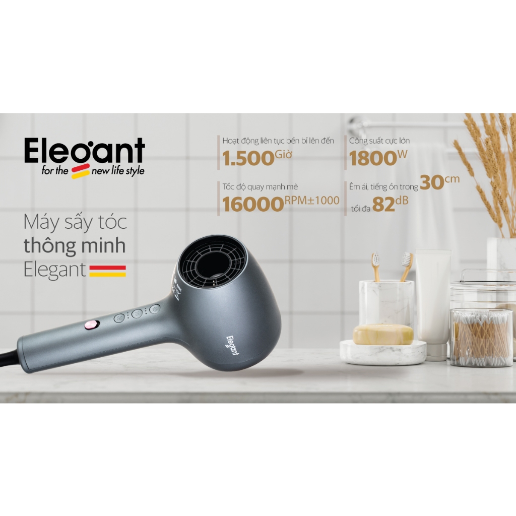 Máy sấy tóc thông minh ion âm ELEGANT D9898 giữ ẩm cho tóc giảm khô sơ gẫy rụng công suất 1800w BH 12 tháng
