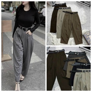 Quần baggy vải ống rộng nữ dáng boom cạp cao nhiều màu đen nâu ghi rêu Geleva GE615