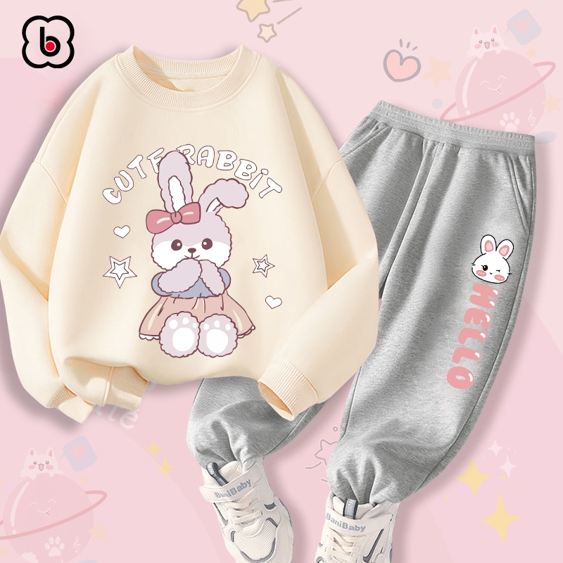 Bộ nỉ cho bé gái BabyloveGO mẫu mới 2024 đồ bộ thu đông dài tay in hình Rabit độc đáo BN-RB30-35